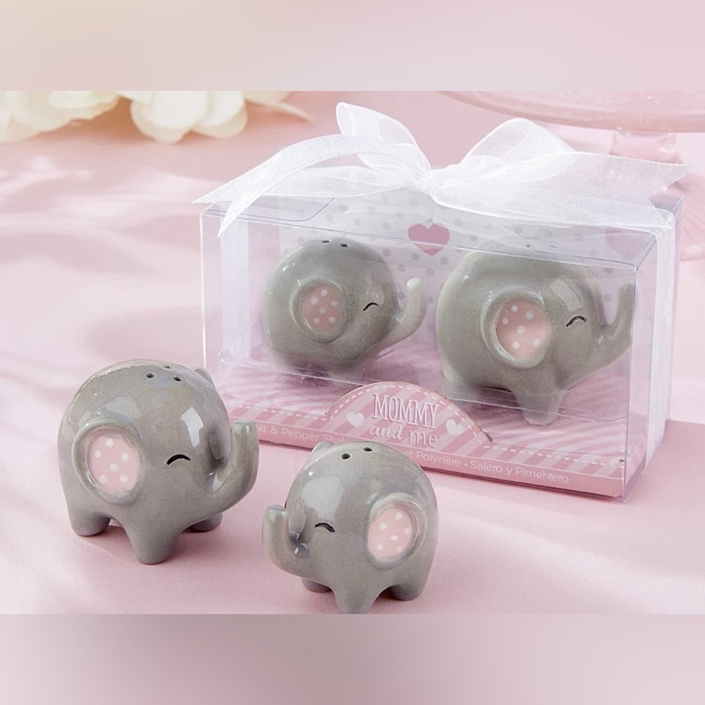 Kate Aspen Mommy and Me Elephant Salt and Pepper Shaker Set - White and Pink NIB
